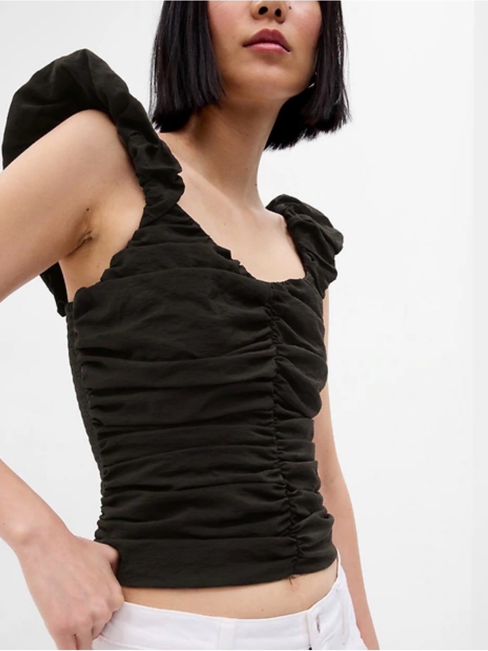 GAP Ruched Square-Neck Tank Top Women L Black Good Goth Romantic Cropped